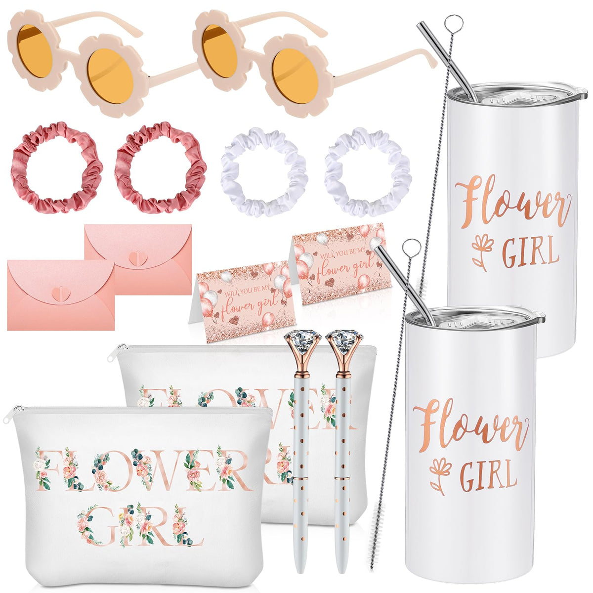 Sieral Flower Girl Proposal Gifts - 16 Pcs Tumblers, Makeup Bag, Card & Accessories Set, White