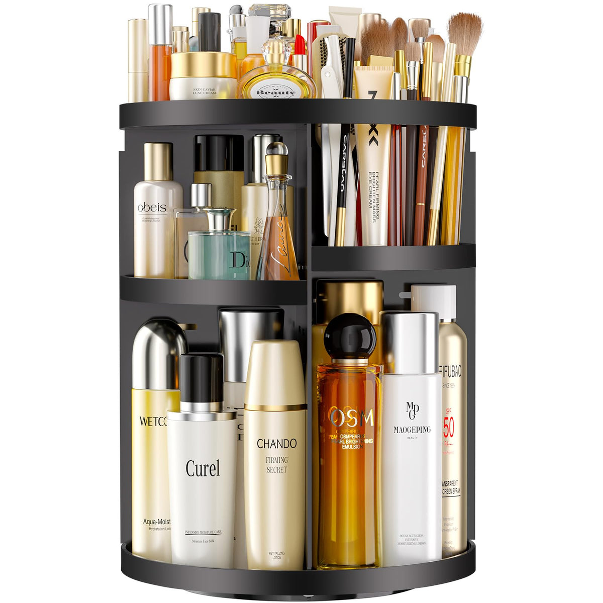 Hemtroy 360° Rotating Makeup Organizer - Adjustable Acrylic Skincare Caddy For Vanity, Glossy Black