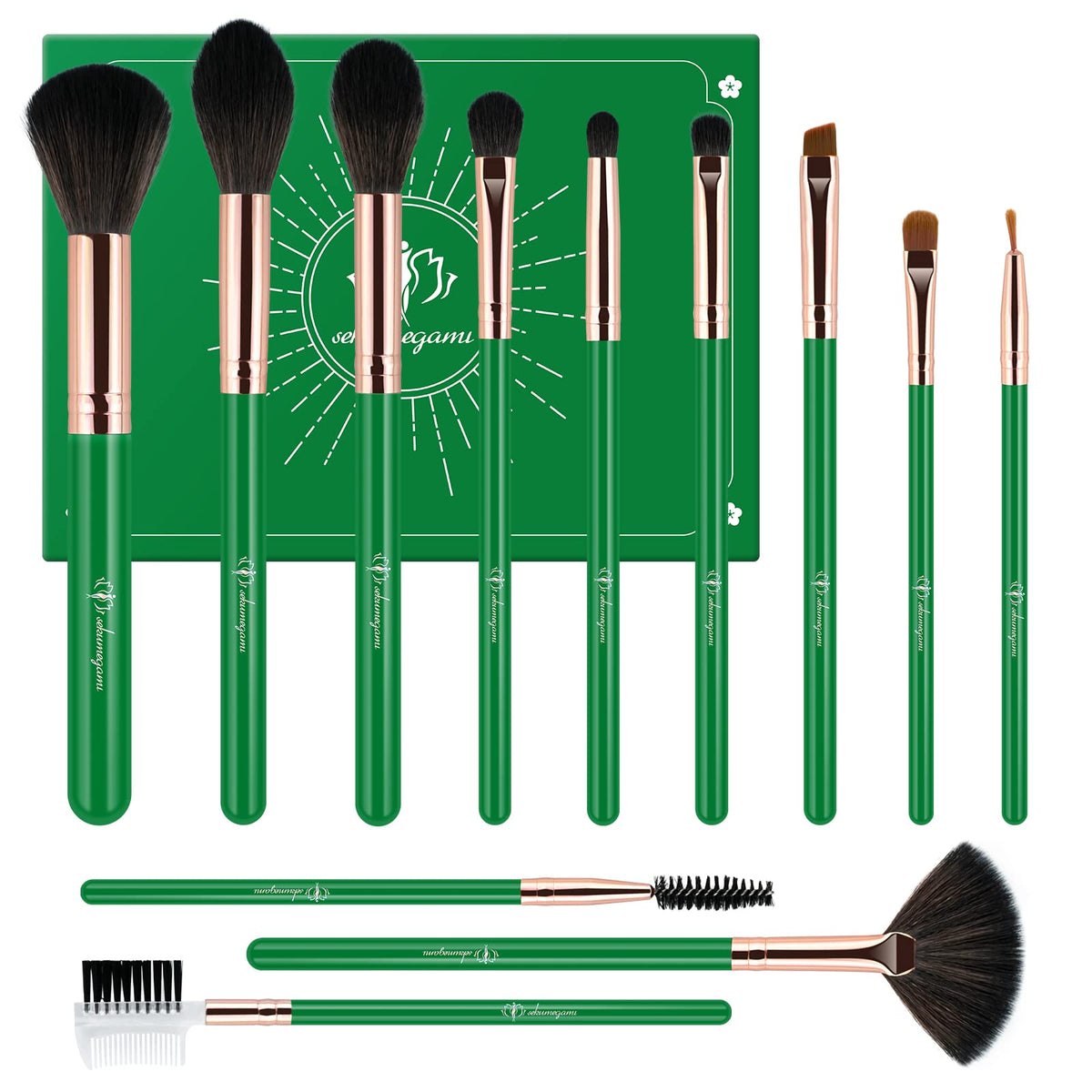 Daxstar 12pcs Professional Makeup Brush Set - Deep Green Wooden Handles for Foundation & Eyeshadow