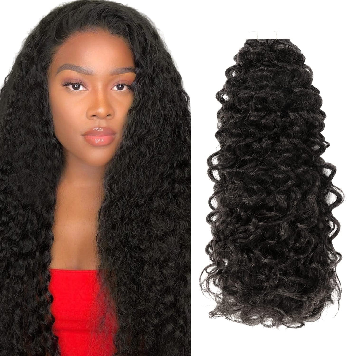 Anrosa 20&quot; Kinky Curly Tape In Hair Extensions, Natural Black #1B, Human Hair, 50G