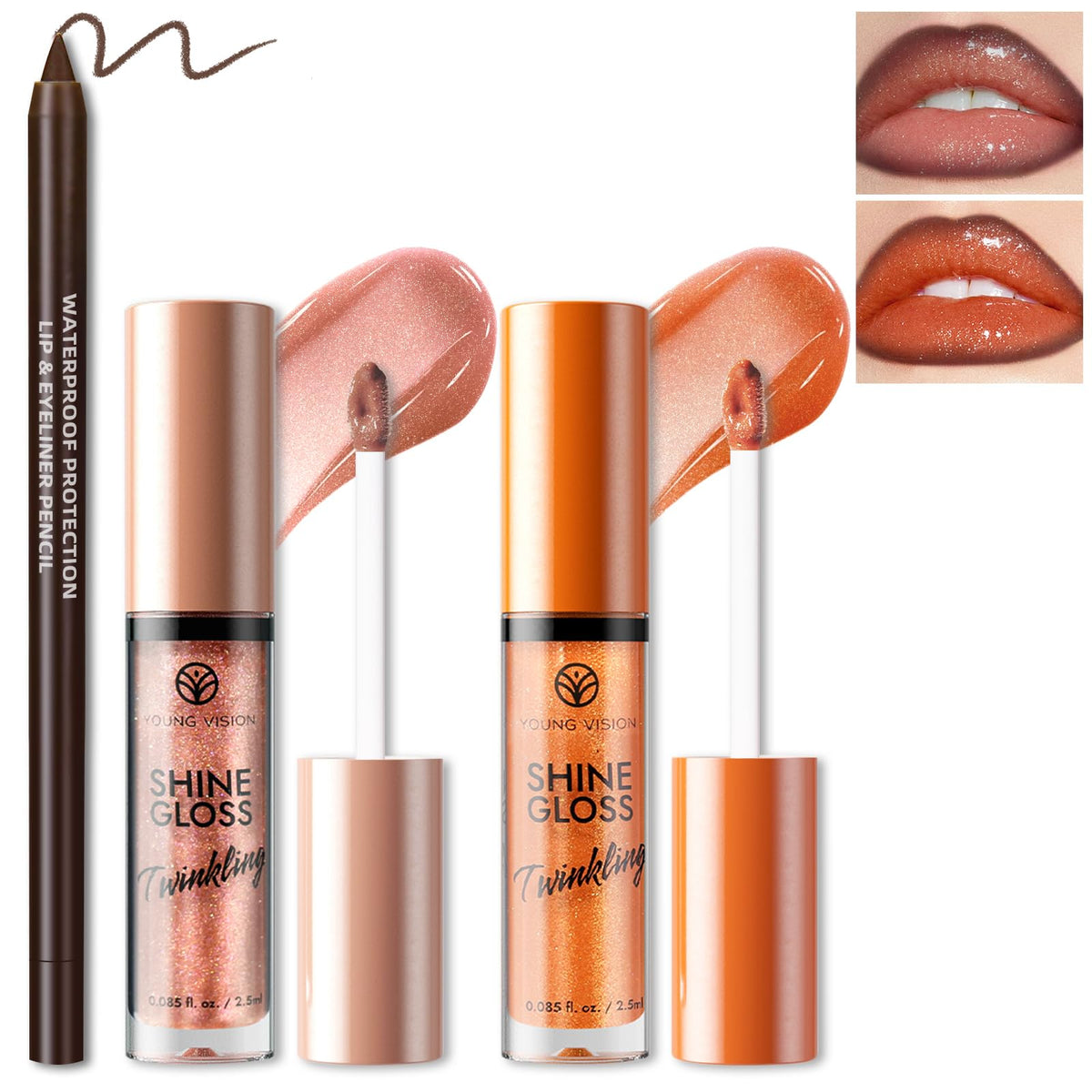 Hosaily Bling Glitter Lip Gloss & Brown Lip Liner Set B - Hydrating, Plumping, Shimmering Nude