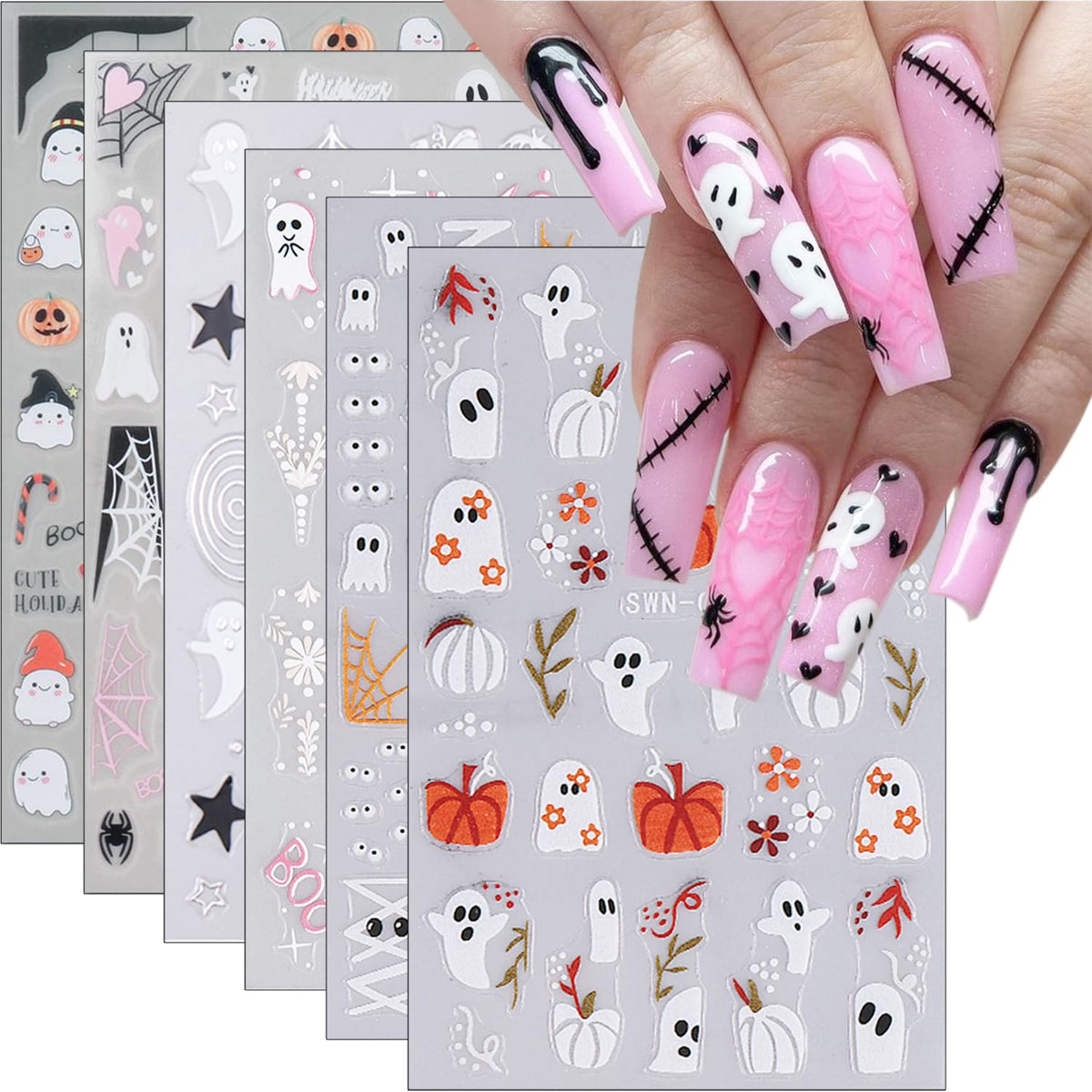 Bmkkot 6 Sheets Halloween Nail Art Stickers - 3D Ghost, Pumpkin, Spider Designs For Diy Nails