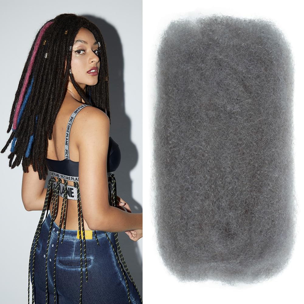 FASHION IDOL Afro Kinky Human Hair for Dreadlocks, 50g Gray Bulk Braiding Extensions