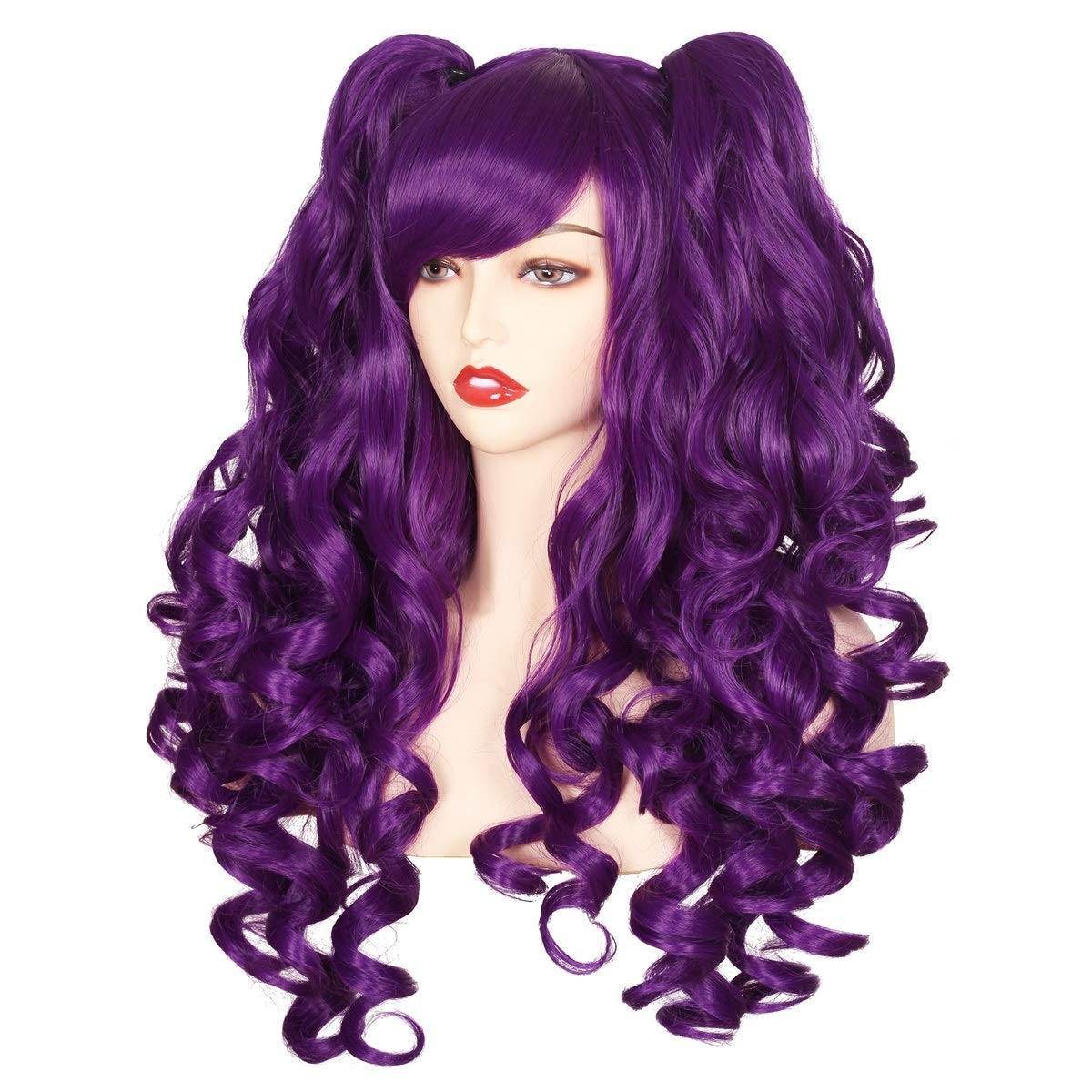 Colorground Dark Purple Long Curly Cosplay Wig With 2 Ponytails - Synthetic Fiber