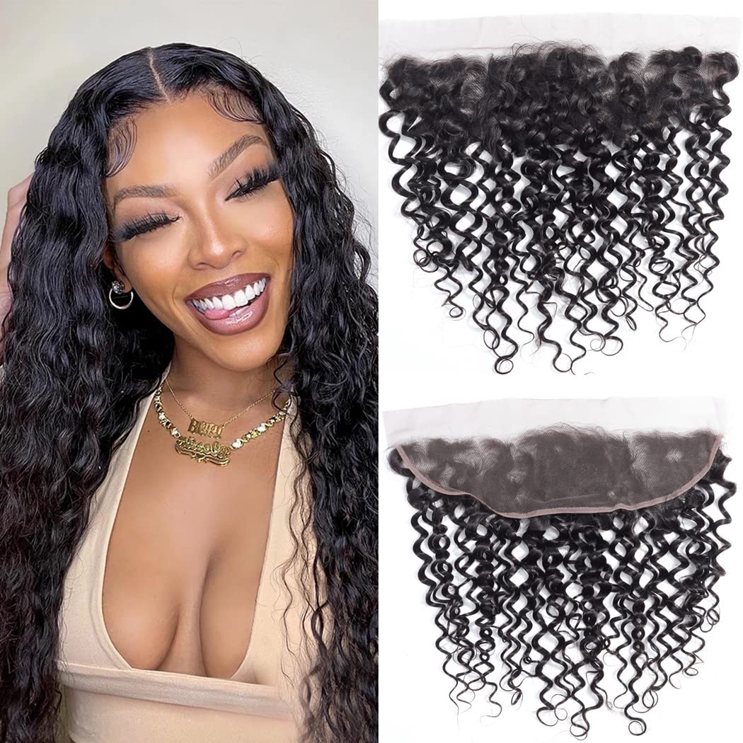 Odir 18&quot; Water Wave Lace Frontal Human Hair - 180% Density Curly Hd Closure, Natural Color