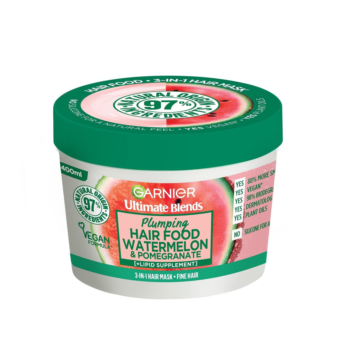 Garnier Hair Food Watermelon 3-In-1 Treatment Mask For Fine Hair, 400Ml, Vegan, No Silicones