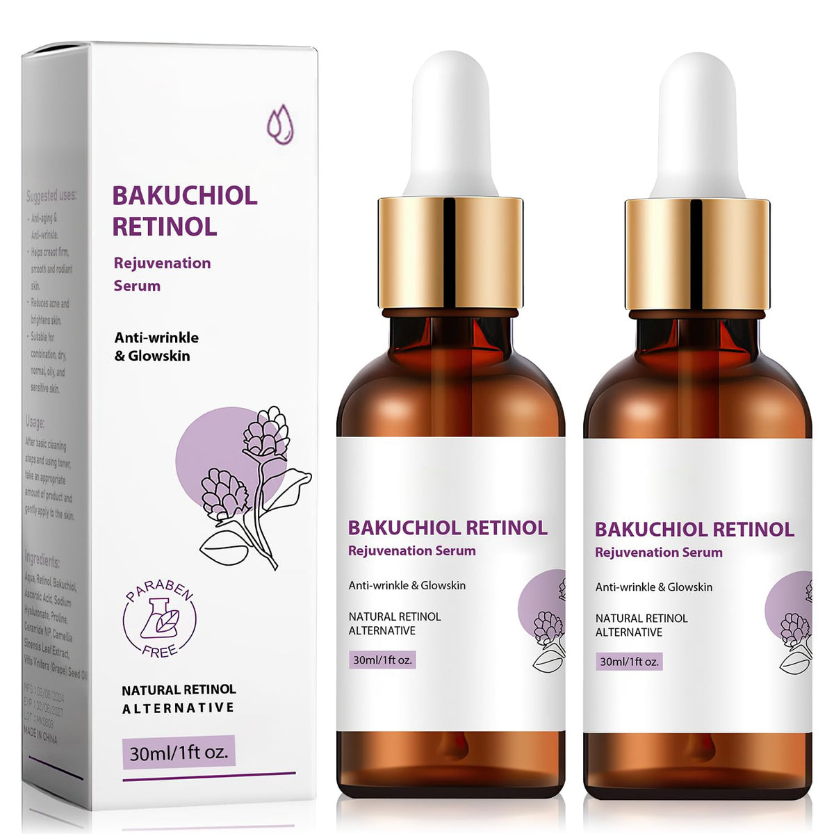 Lucift Bakuchiol Retinol Serum - Anti-Aging Rejuvenation For Wrinkles, 2Pcs, 0.01 Fl