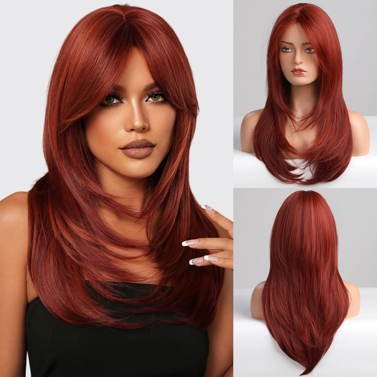 Haircube 24 Inch Red Long Layered Wig With Bangs - Heat Resistant Synthetic Fiber Wig