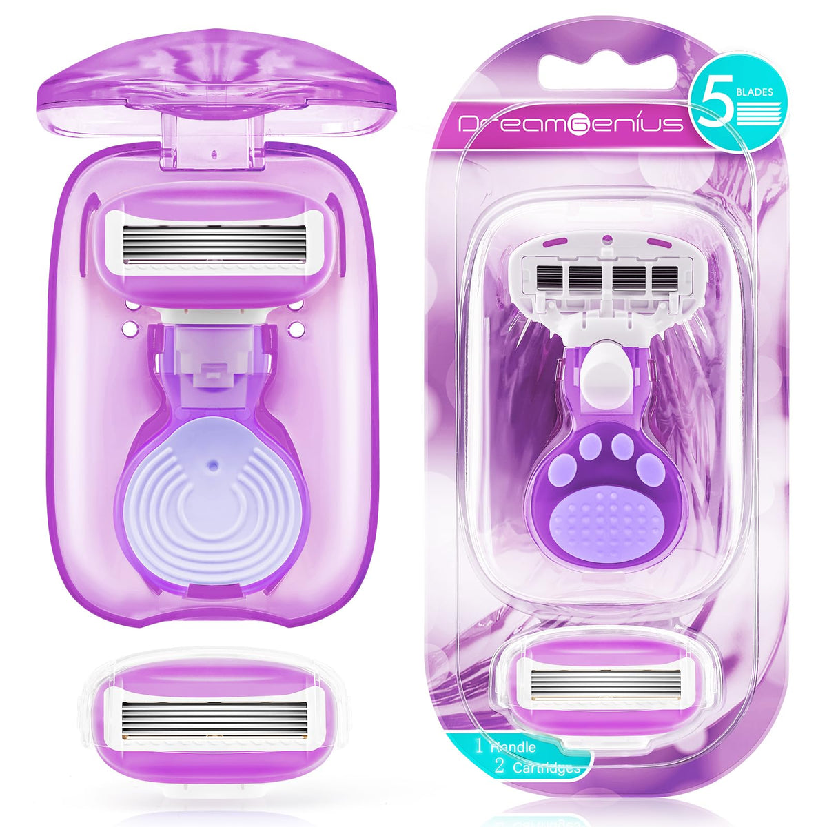 Dreamgenius Women'S Travel Razors - 5-Blade Smooth Shaving Kit With Case, Purple