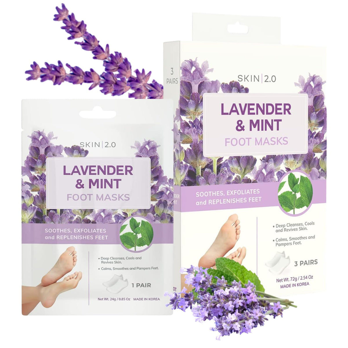 Skin 2.0 Lavender & Mint Foot Masks - Hydrating, Odor-Removing, 3 Pairs - Cruelty-Free