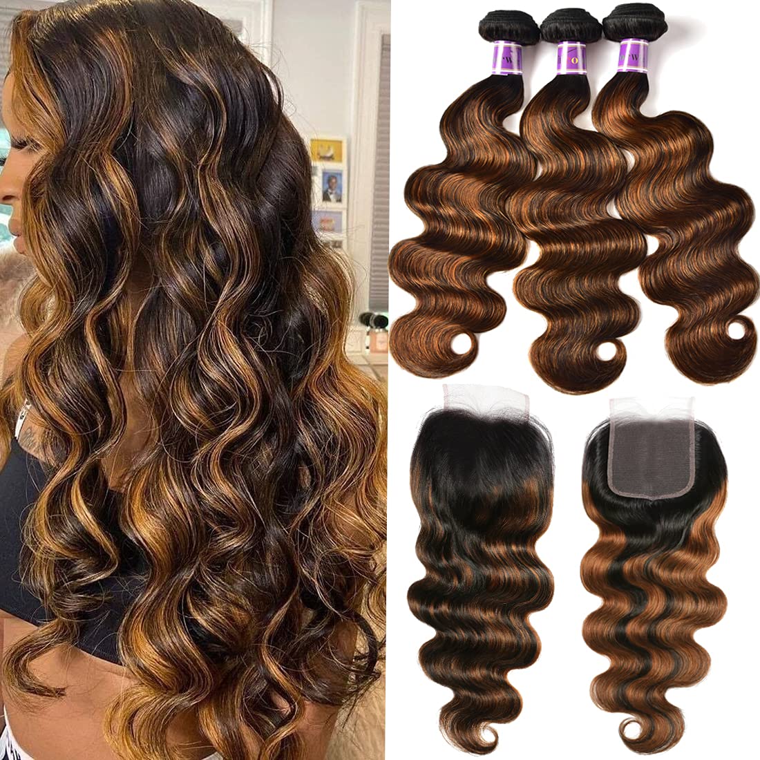 UNICE Brown Highlight Body Wave Human Hair 3 Bundles & 4x4 Closure, Ombre FB30, 22 24