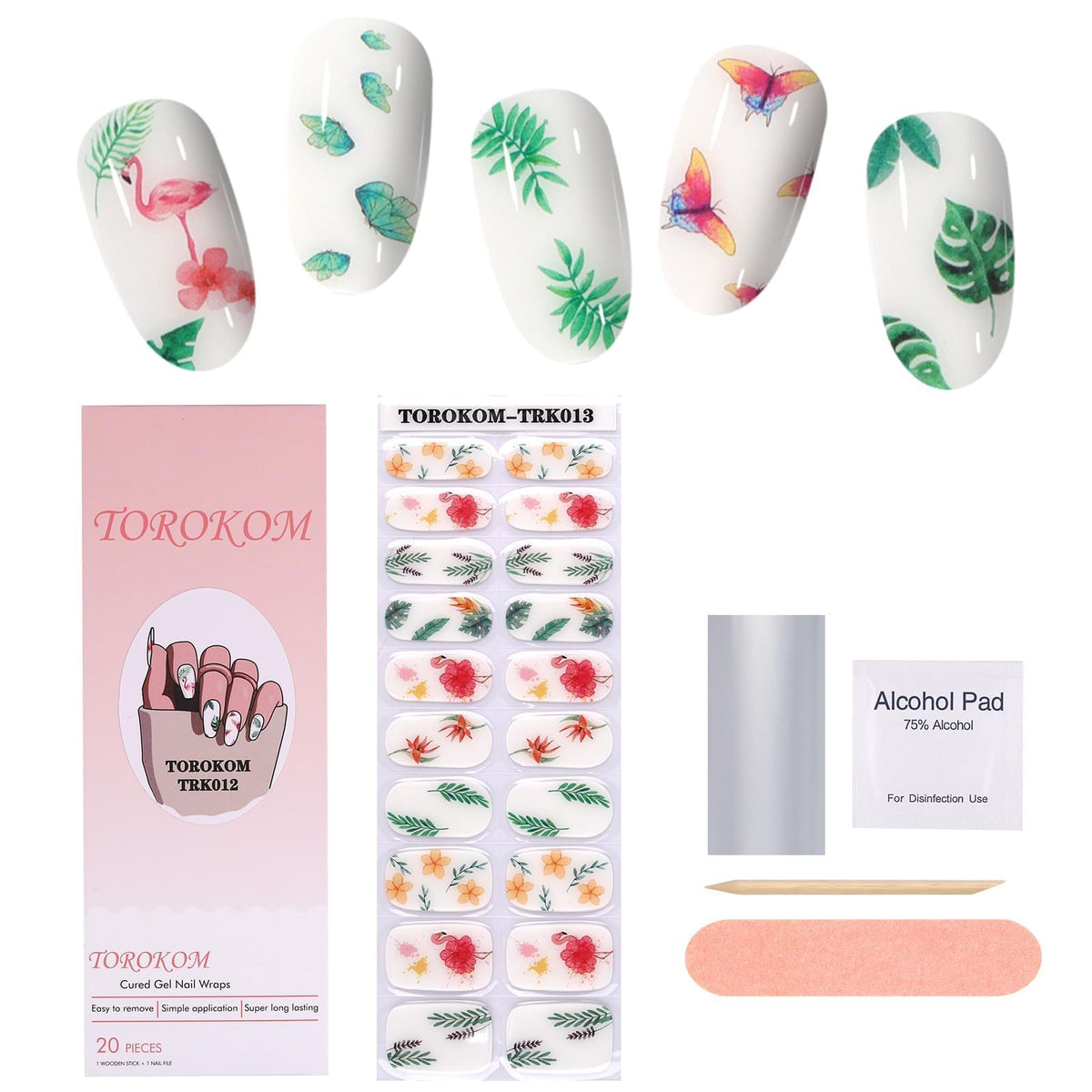 Torokom White Flamingo Gel Nail Strips - Long Lasting, Waterproof With Nail File & Cuticle Stick