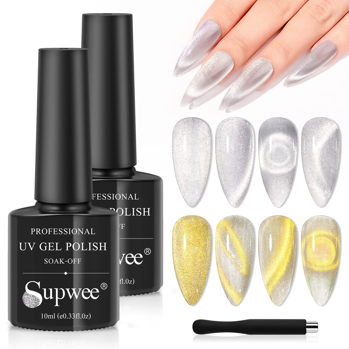 Supwee Cat Eye Gel Nail Polish, Silver & Gold Magnetic Uv Gel Varnish, 10Ml Soak Off