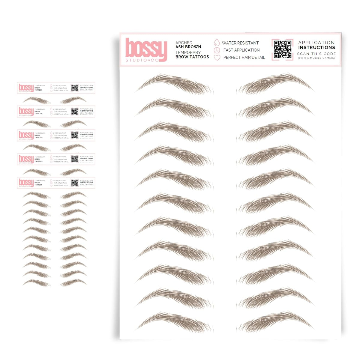 Brows By Bossy 5 Pack Waterproof Eyebrow Tattoos - Arched Ash Brown Peel Off Instant Transfer