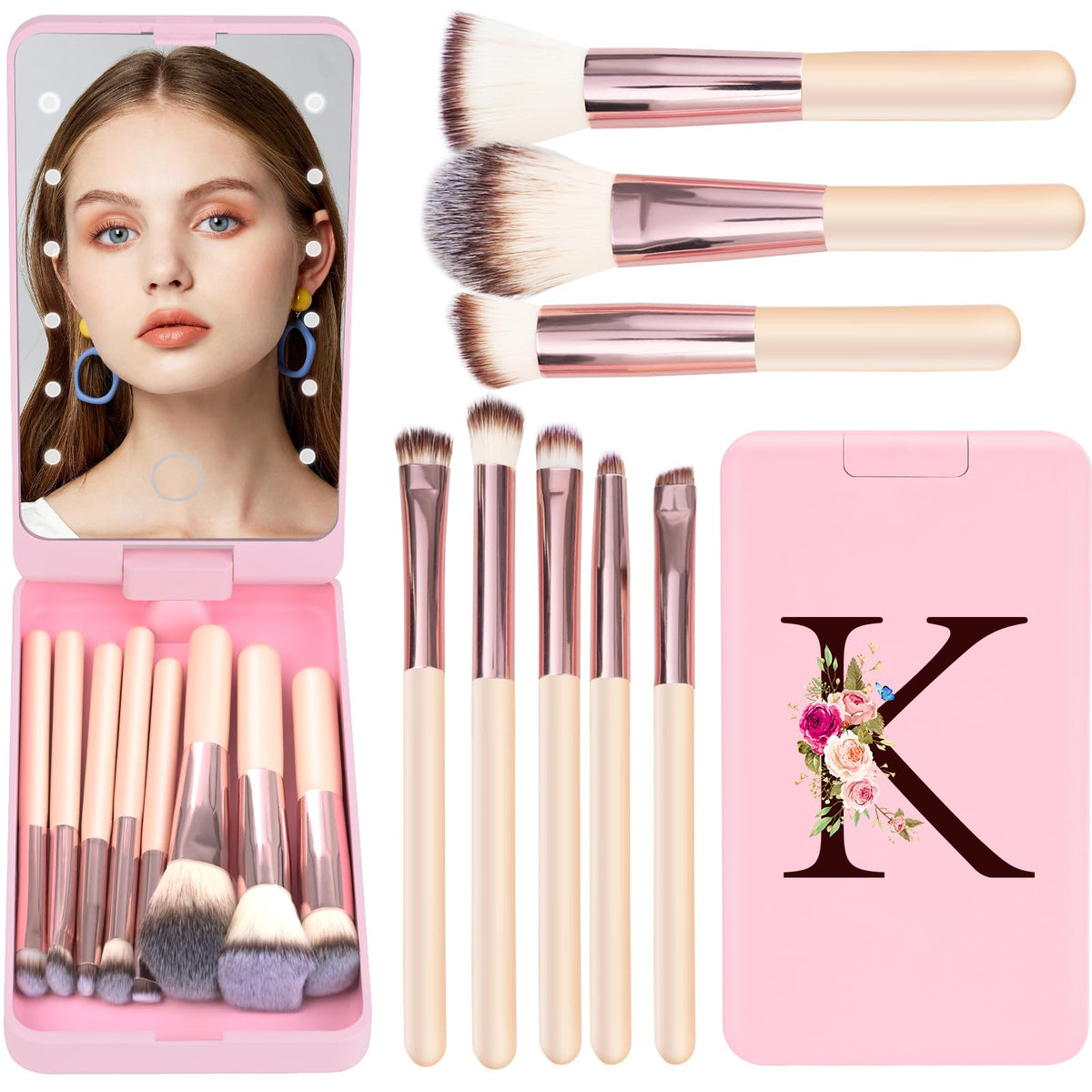 Kewwadb Mini 8-Piece Travel Makeup Brush Set With Led Mirror, Pink - Perfect Gift For Teens