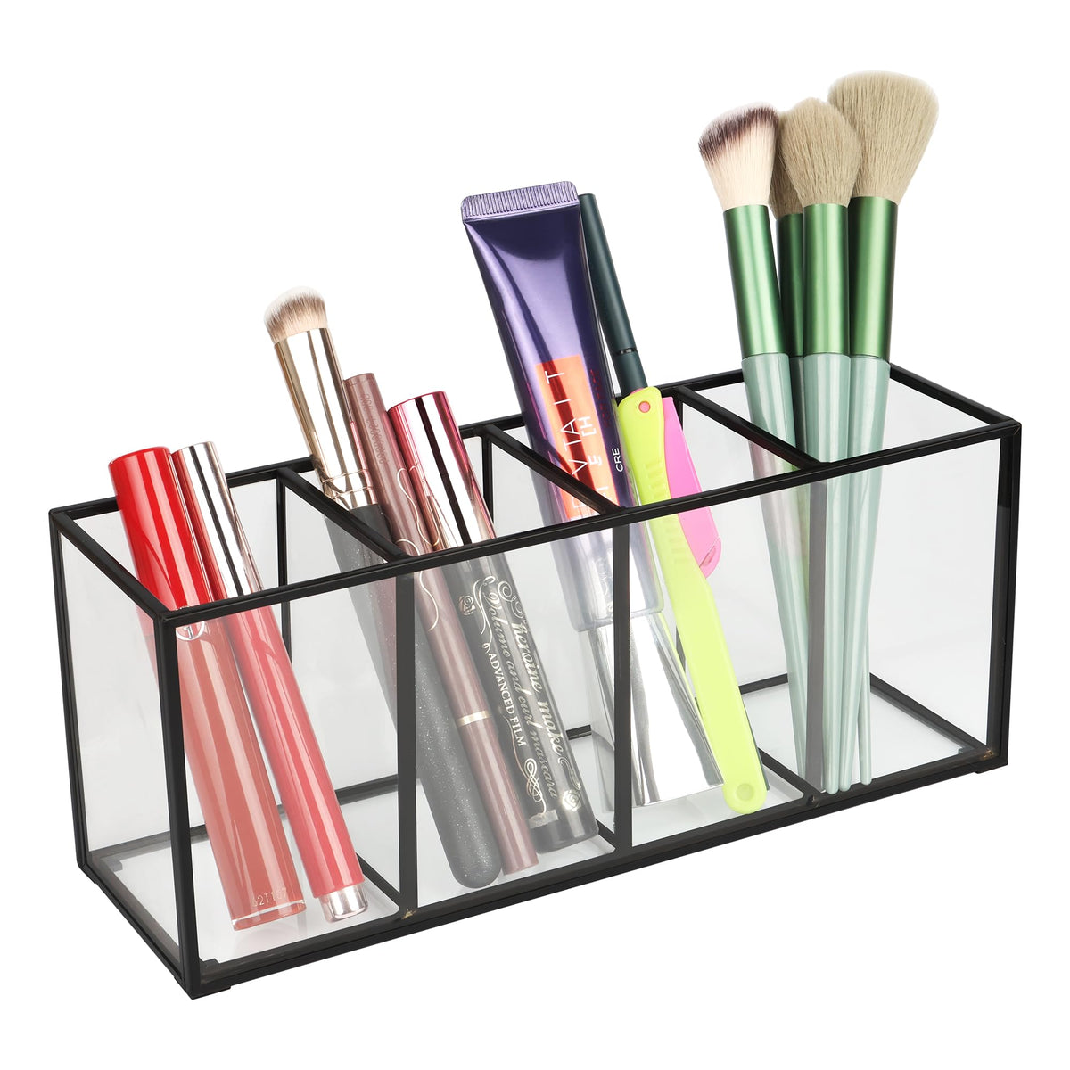 Elegantlife Black Glass Makeup Brush Organizer - 4 Section Tempered Glass Storage Holder