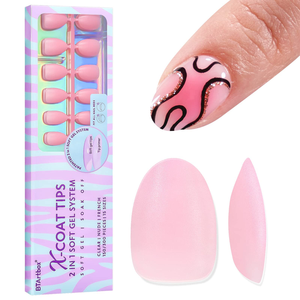 Btartbox Extra Short Almond Gel Nail Tips - 150 Full Matte Press-On Nails, Pre-Colored, 2-In-1