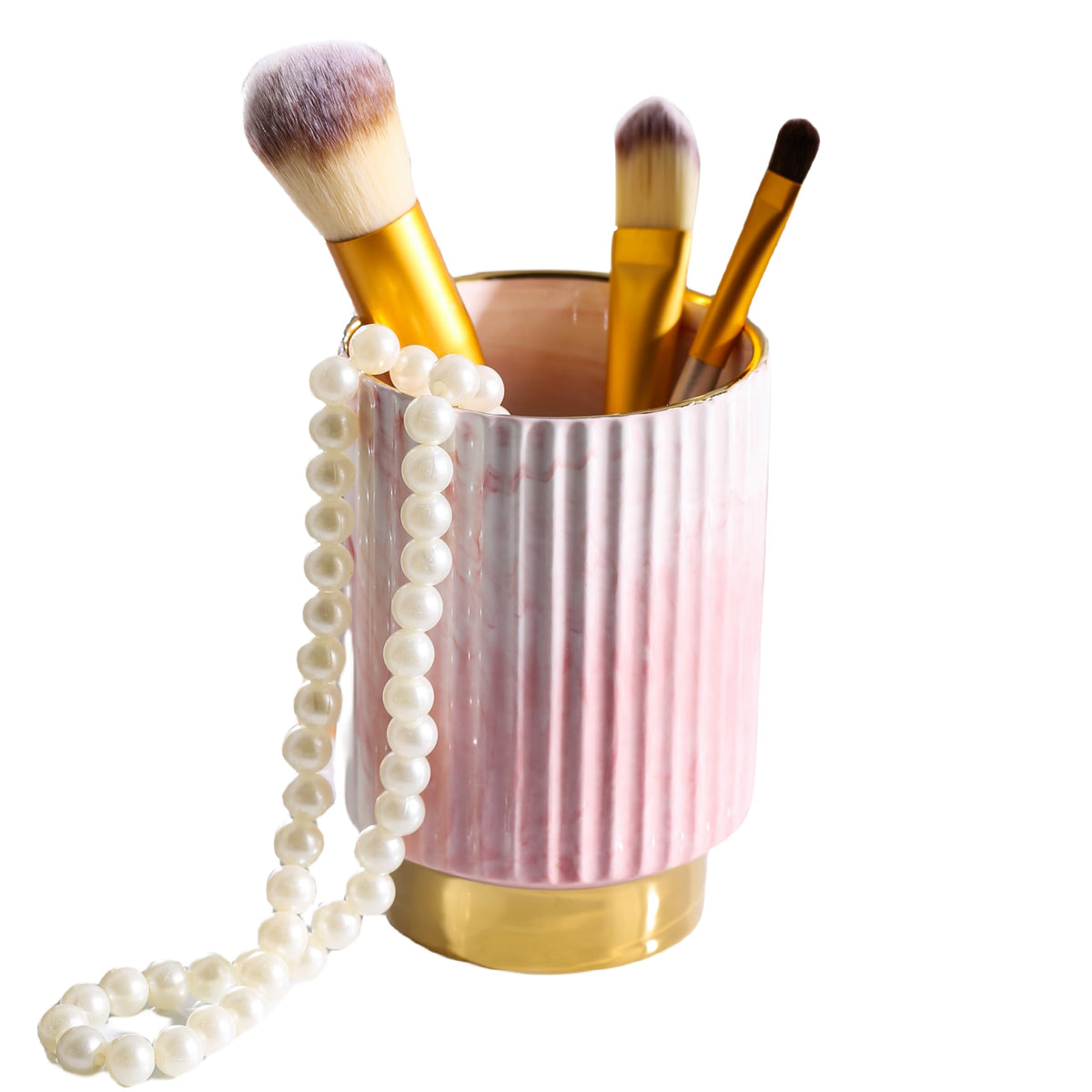 Ieek Pink Ceramic Makeup Brush Holder Organizer - European Style Glass Storage For Vanity