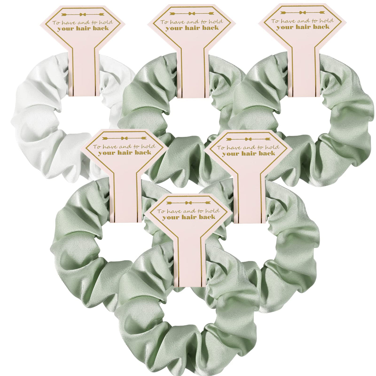 Loanzeg Satin Bridesmaid Scrunchies Set Of 6, White & Sage Green Hair Ties For Weddings