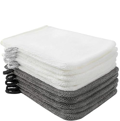 Phogary 10 Pack Microfiber Body Wash Mitts - Soft Reusable Makeup Remover Gloves, White & Grey