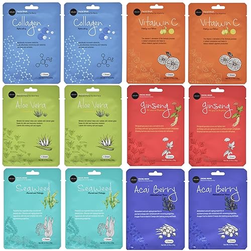 Celavi Essence Facial Mask - 12 Sheets K-Beauty Moisturizing Skincare, C Set