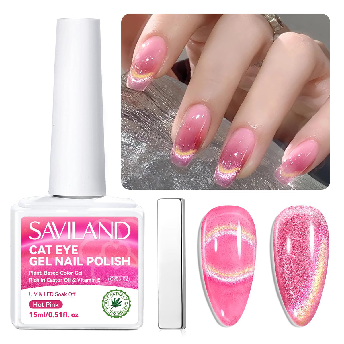 Saviland Pink Cat Eye Gel Nail Polish 15Ml - Glitter Magnetic Soak Off For Nail Art And Diy