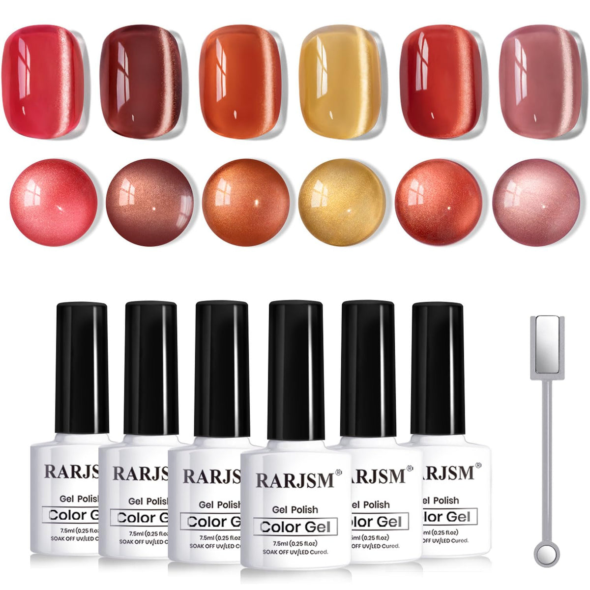 Rarjsm 6 Pcs Amber Cat Eye Gel Nail Polish Set - Metallic Brown, Burgundy, Glitter, Uv Led Curing