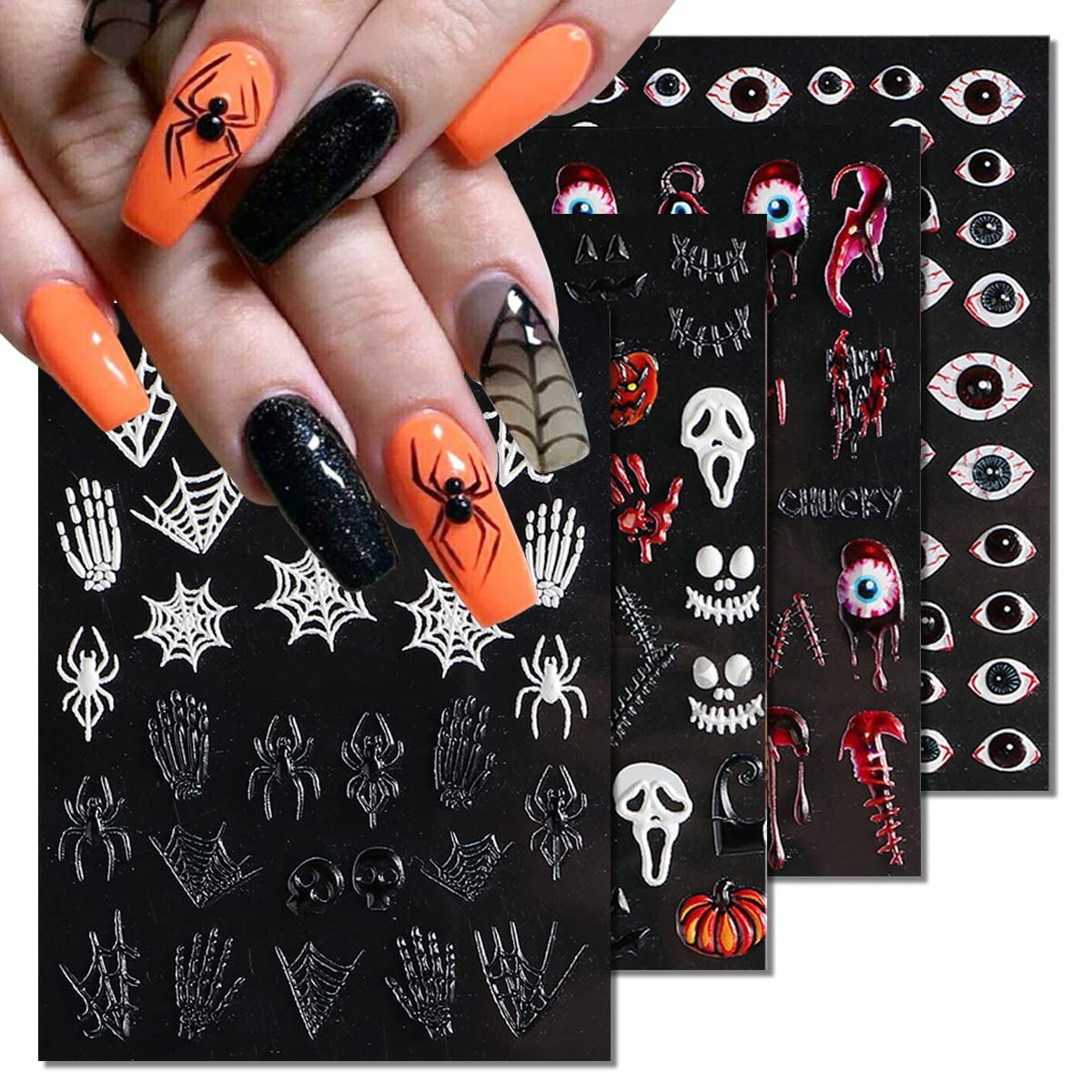 Zeyer Halloween 5D Nail Stickers - Skull & Pumpkin Nail Art Supplies For Festive Decor