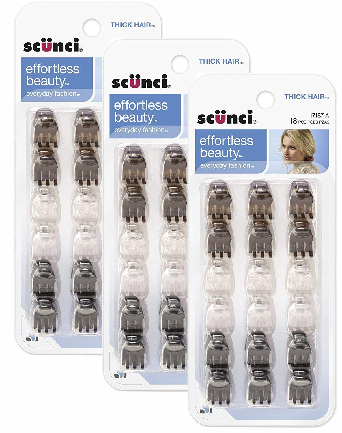 Scunci Mini Thick Hair Jaw Clips, 18 Count (Pack of 3) - Durable & Stylish Hair Accessories