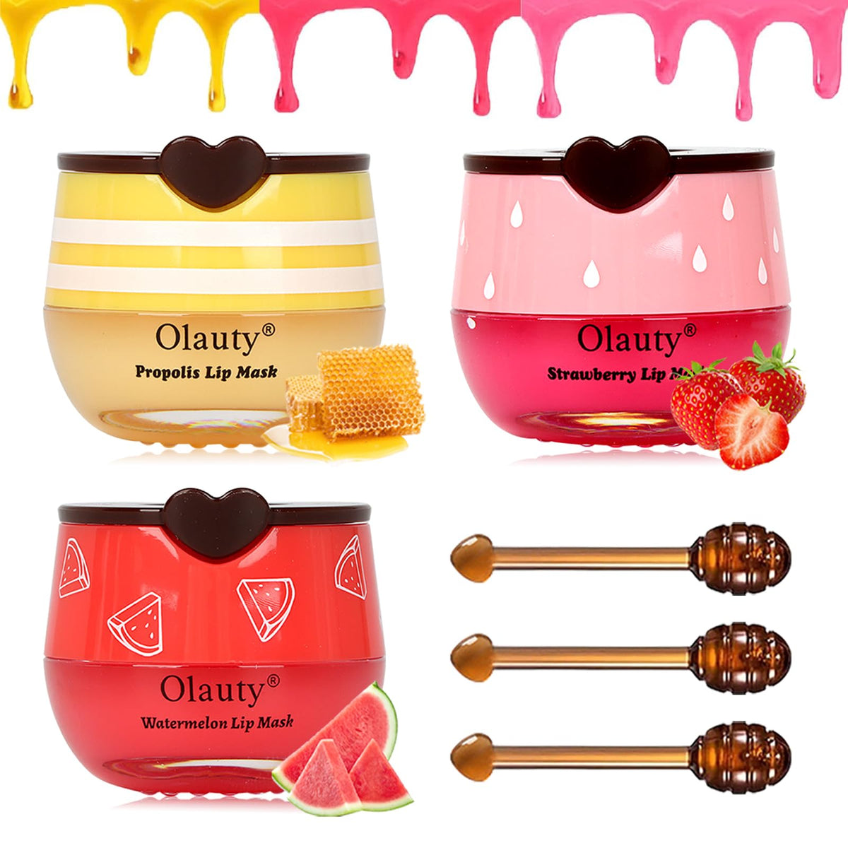 Sulily 3 Pcs Bee Lip Balm Set - Honey, Strawberry & Watermelon Lip Mask, Hydrating Lip Care