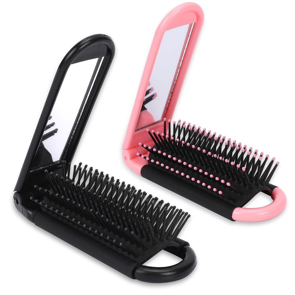 Mozeat Lens Folding Travel Hair Brush & Mirror, Compact 2 Pack - Black & Pink