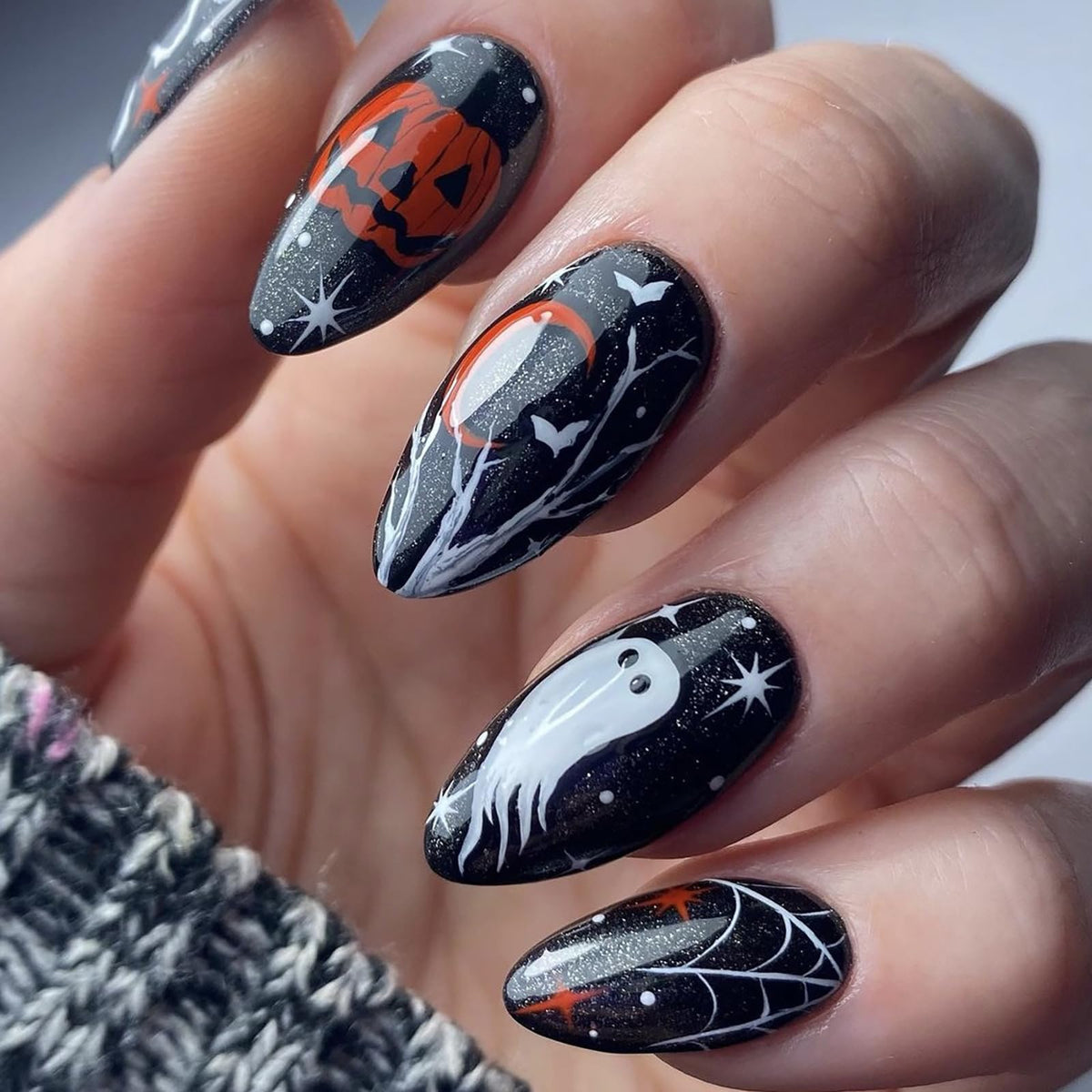 Mabkjlf Halloween Press On Nails - 24 Pcs Almond Black With Ghost & Pumpkin Designs