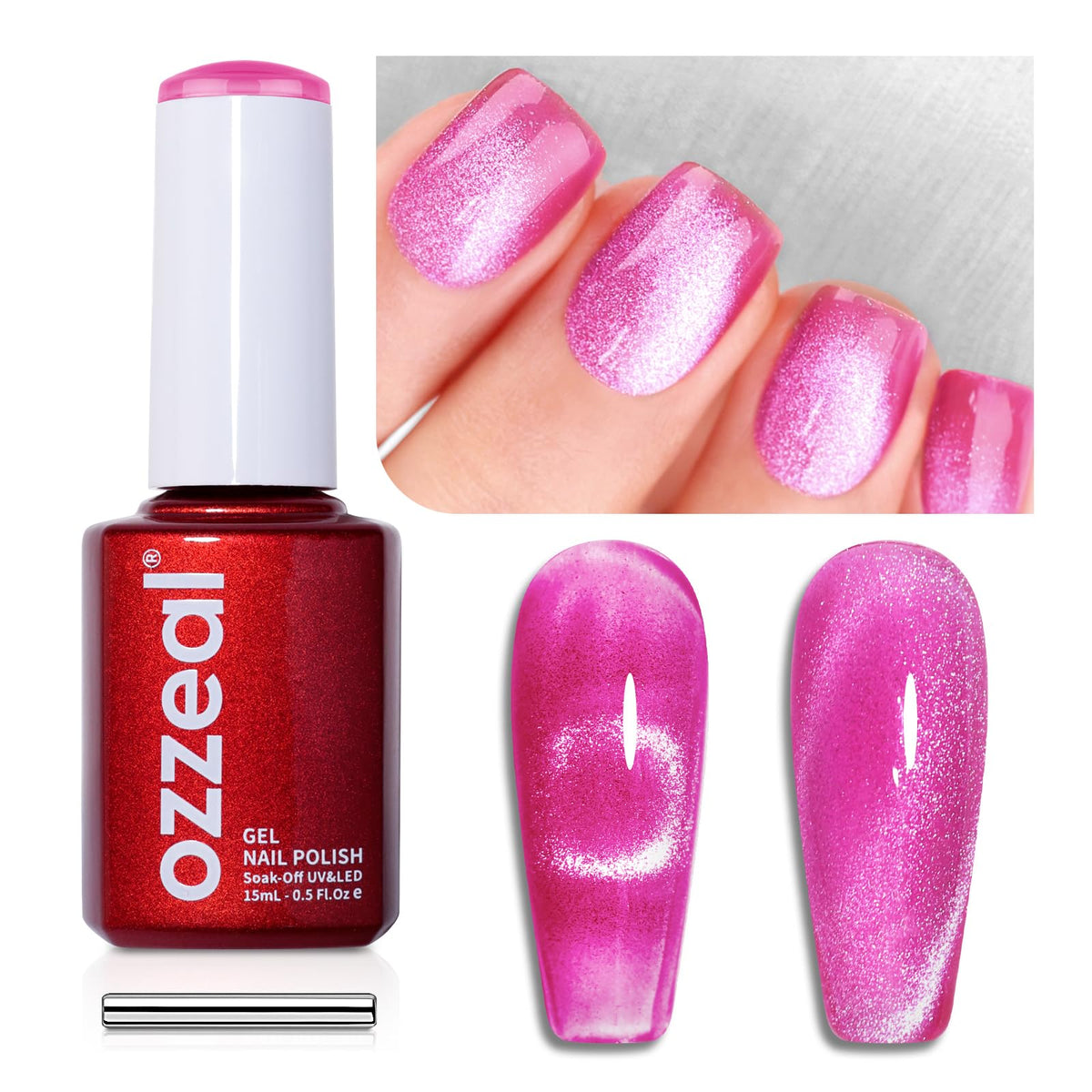 Ozzeal Hot Pink Crystal Cat Eye Gel Nail Polish - 15Ml Uv Led Soak Off Glitter Gel For Nail Art