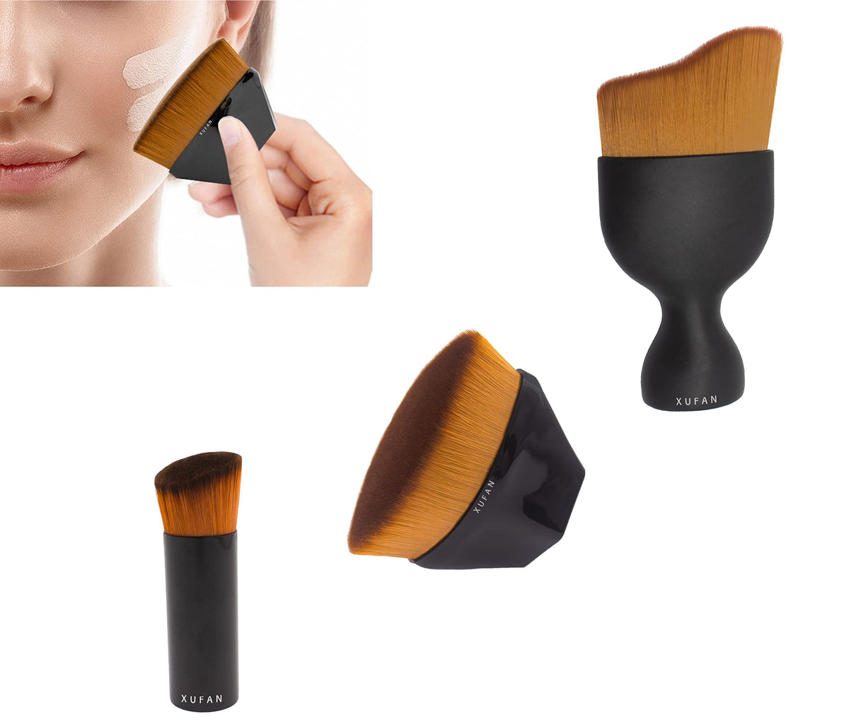 Xufan Foundation Makeup Brush Set - 3Pcs Flat Head, Concealer & Contour Brushes, Black