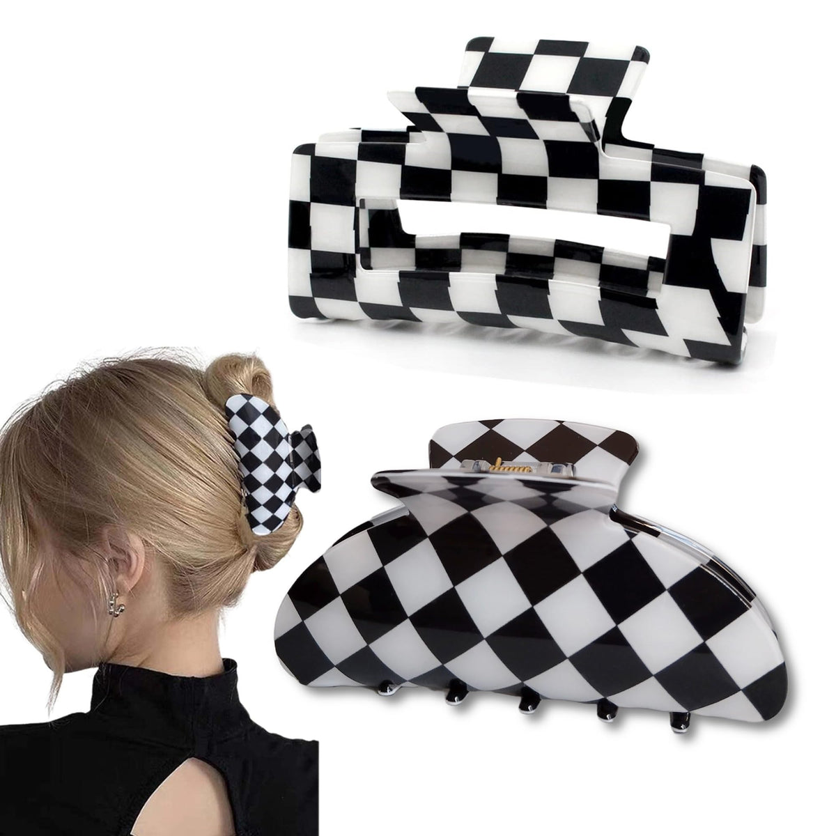 Fsmiling Women's Checkered Claw Clips - Large Black & White Jaw Clip, 2 Pack