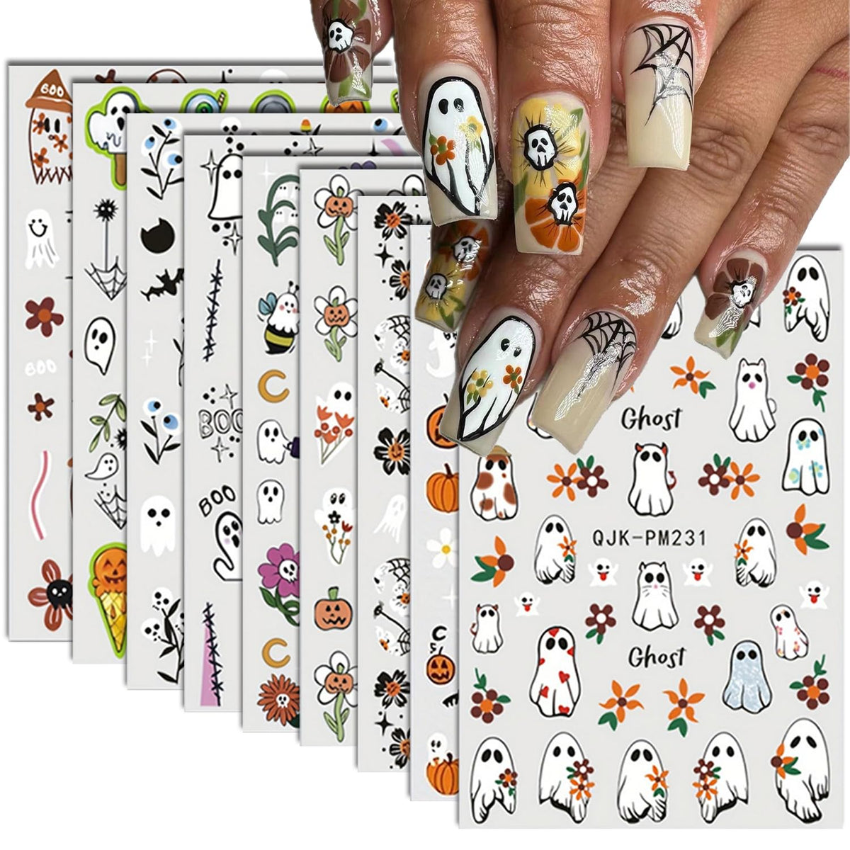 Bhooka 9 Sheets Halloween Nail Art Stickers - 3D Ghost, Pumpkin & Spider Web Designs