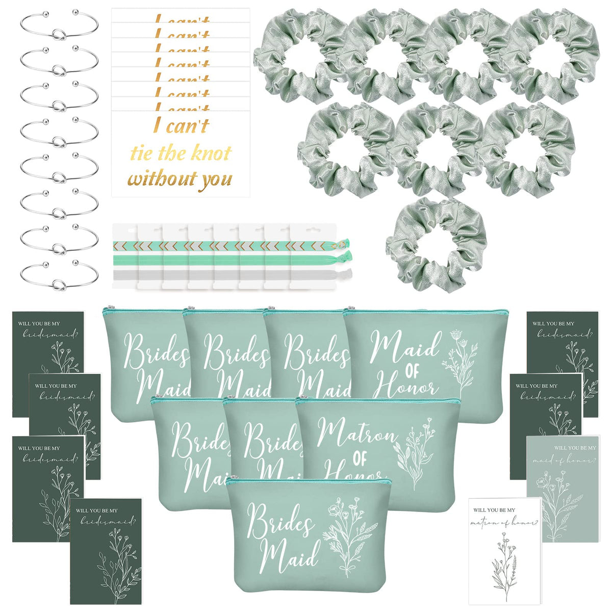 Cunno 48 Pcs Bridesmaid Proposal Gifts - Makeup Bags, Scrunchies & Bracelets, Green