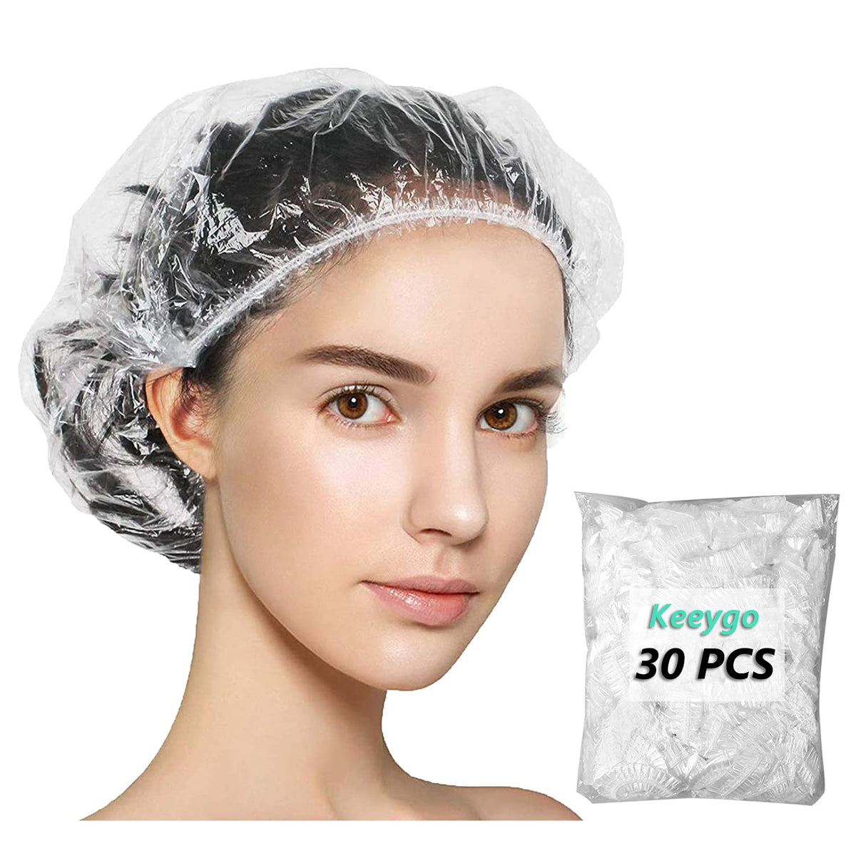 Keeygo 30 Pcs Clear Disposable Shower Caps - Waterproof Plastic Hair Caps For Travel & Hotels