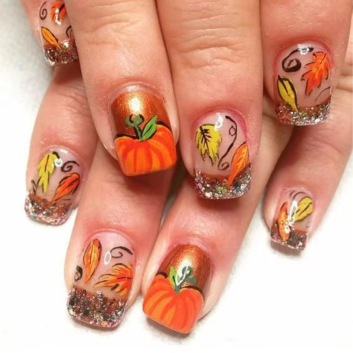 Bmkkot 24Pcs Fall Glitter French Tip Press On Nails - Autumn Pumpkin Fake Nails For Women