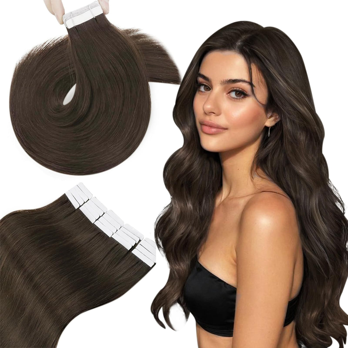 Hetto Tape In Hair Extensions #2 Darkest Brown 14&quot; Remy Human Hair 20Pcs 40G Silky Straight