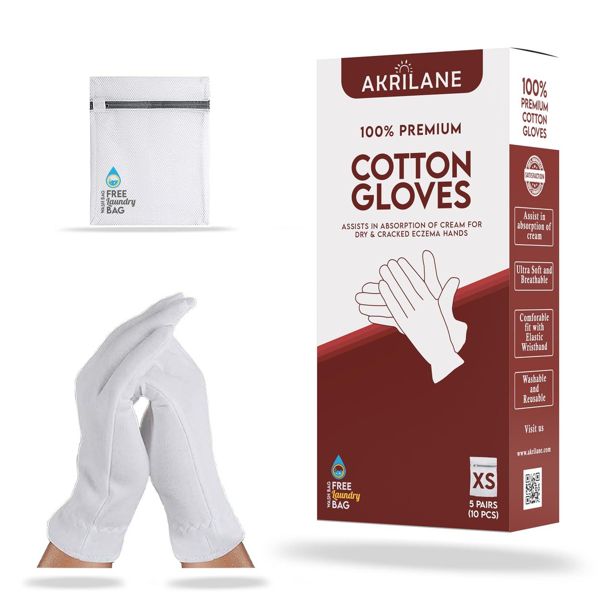 Akrilane Xs Cotton Gloves - 5 Pairs Moisturizing For Eczema & Dry Skin, Washable & Reusable