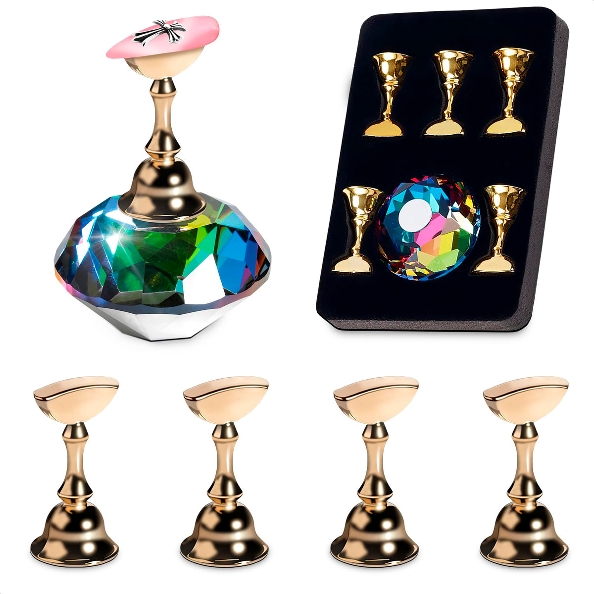 Zoklu Nail Art Practice Stands Set - 5 Magnetic Holders & Crystal Base For Diy Manicure