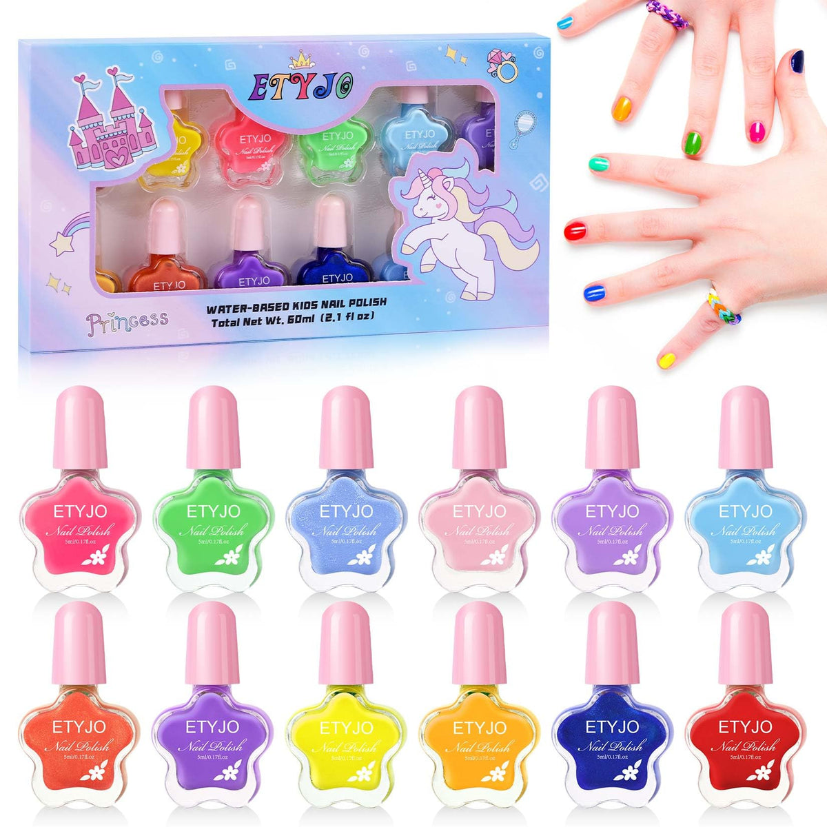 Etyjo Kids Nail Polish Set - 12 Rainbow Quick Dry Non-Toxic Peel Off For Girls Ages 3-12