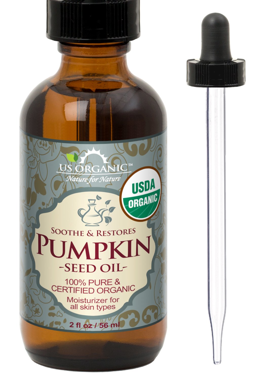 US Organic Pumpkin Seed Oil - USDA Organic, Pure, Cold Pressed, 2 oz with Glass Dropper