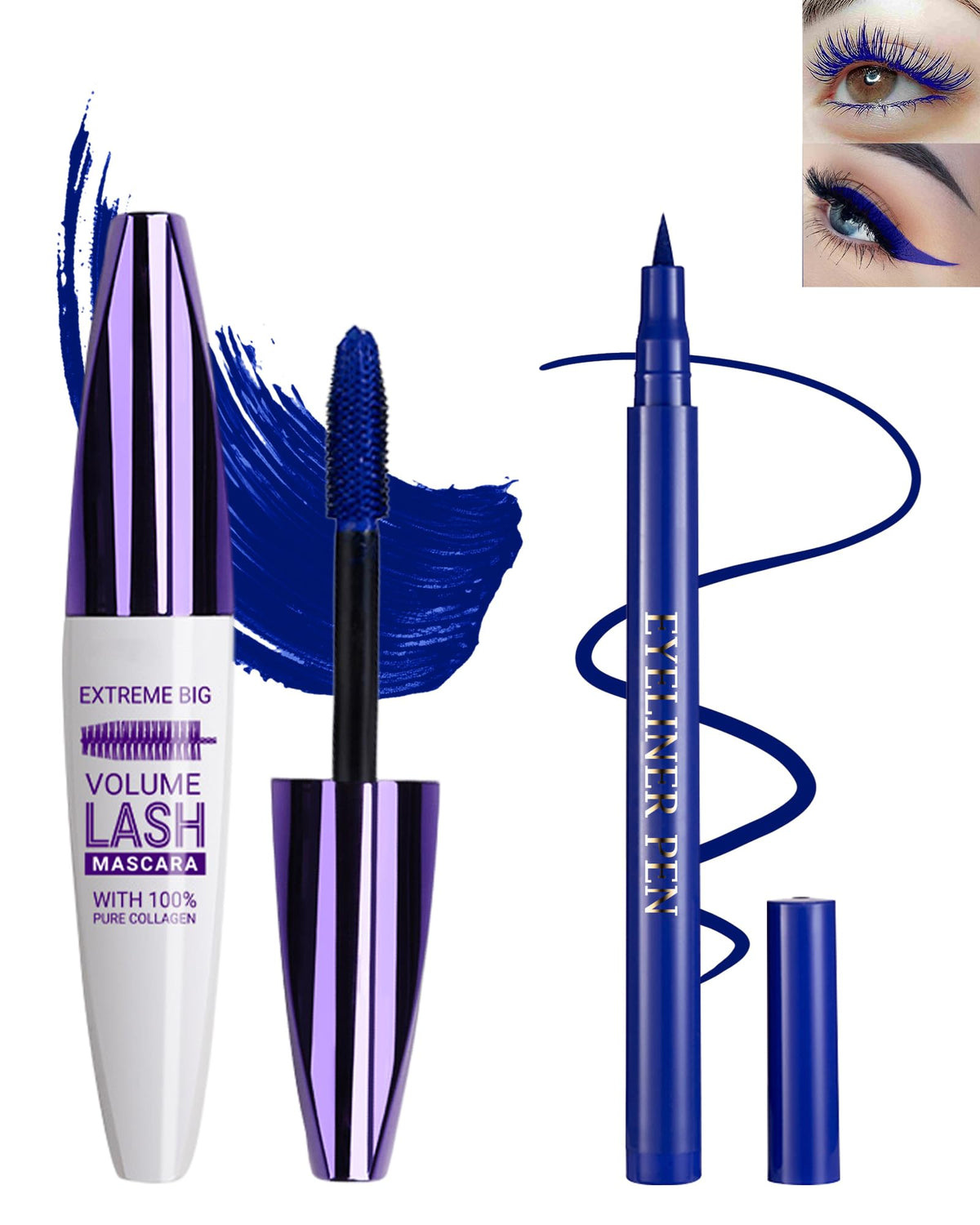 Lestpola Blue Waterproof Mascara & Eyeliner Set - 5D Silk Fiber Lash Extensions, Smudge-Proof