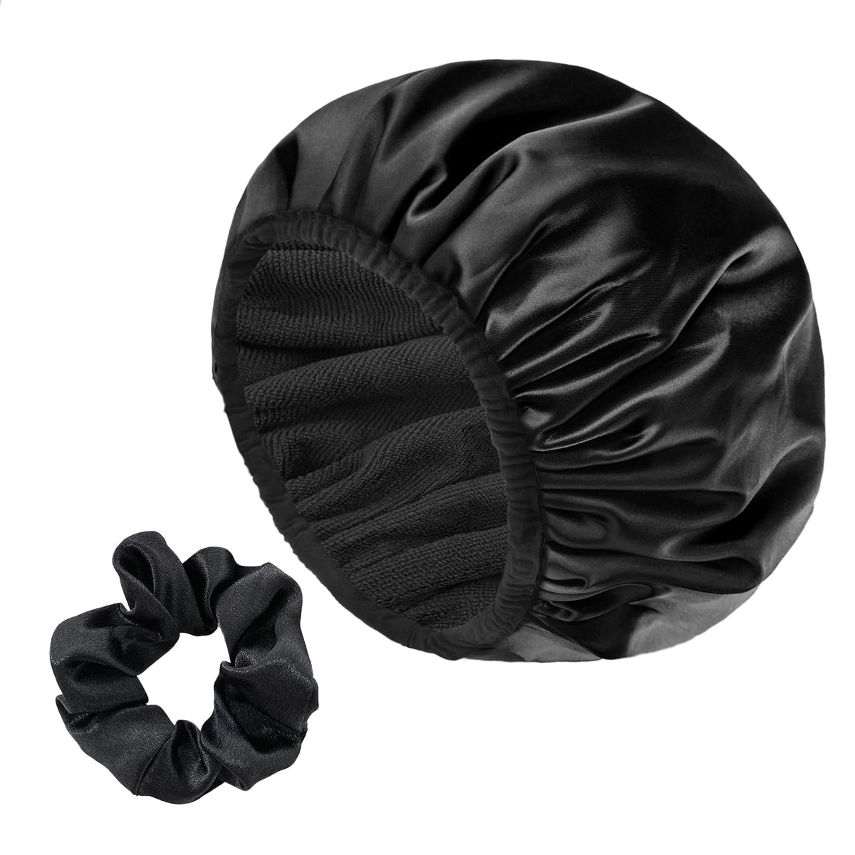 Yonchic Large Black Satin Shower Cap With Terry Cloth Lining & Silk Hair Ties For Long Hair