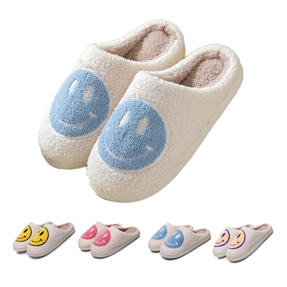 Facaxedre Women'S Blue Smile Face Slippers, Fuzzy Indoor/Outdoor Retro House Shoes, Size 7-8