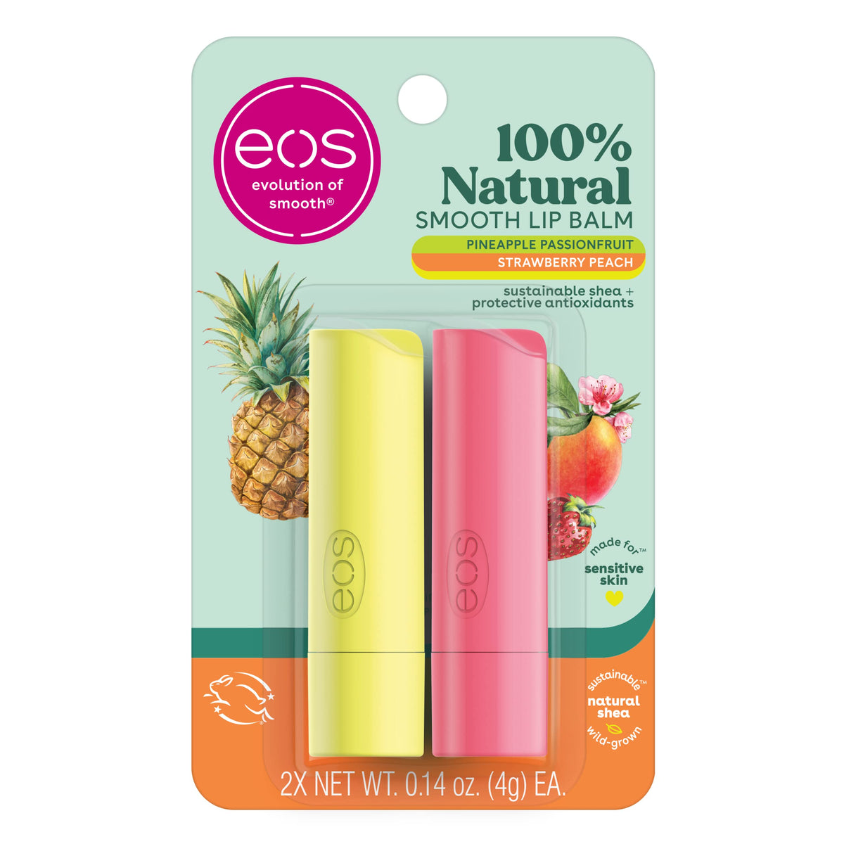 Eos 100% Natural Lip Balm 2 Pack - Strawberry Peach & Pineapple Passionfruit, Dermatologist Recommended