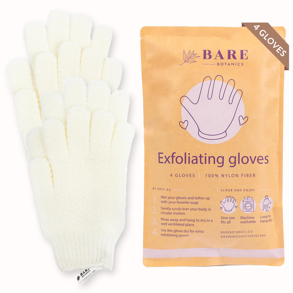 Bare Botanics Exfoliating Gloves - 4 Pack, 100% Nylon, Shower Scrubber & Dead Skin Remover,