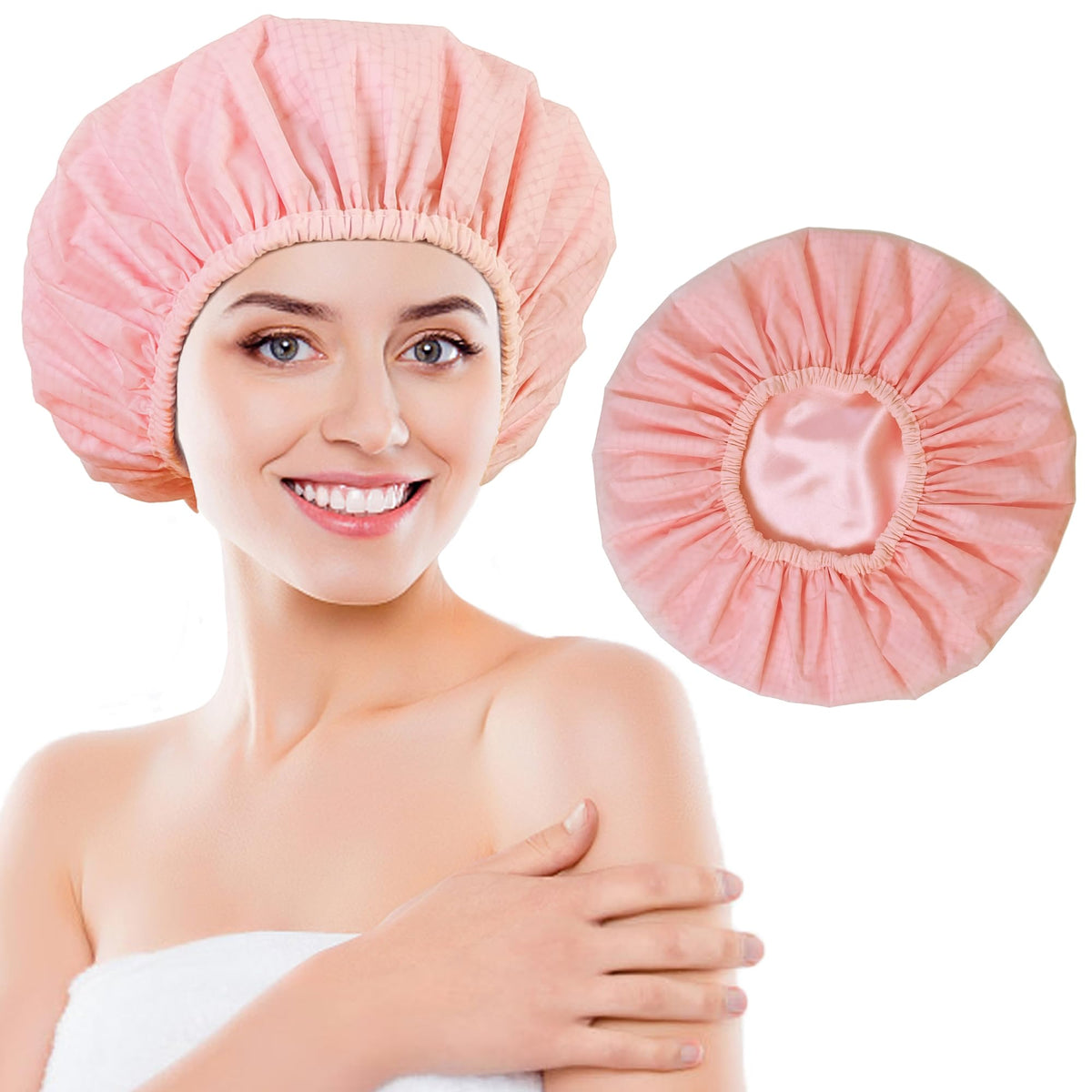 Choshion Large Pink Grid Waterproof Shower Cap For Women, Satin Lined, Reusable For Long Hair